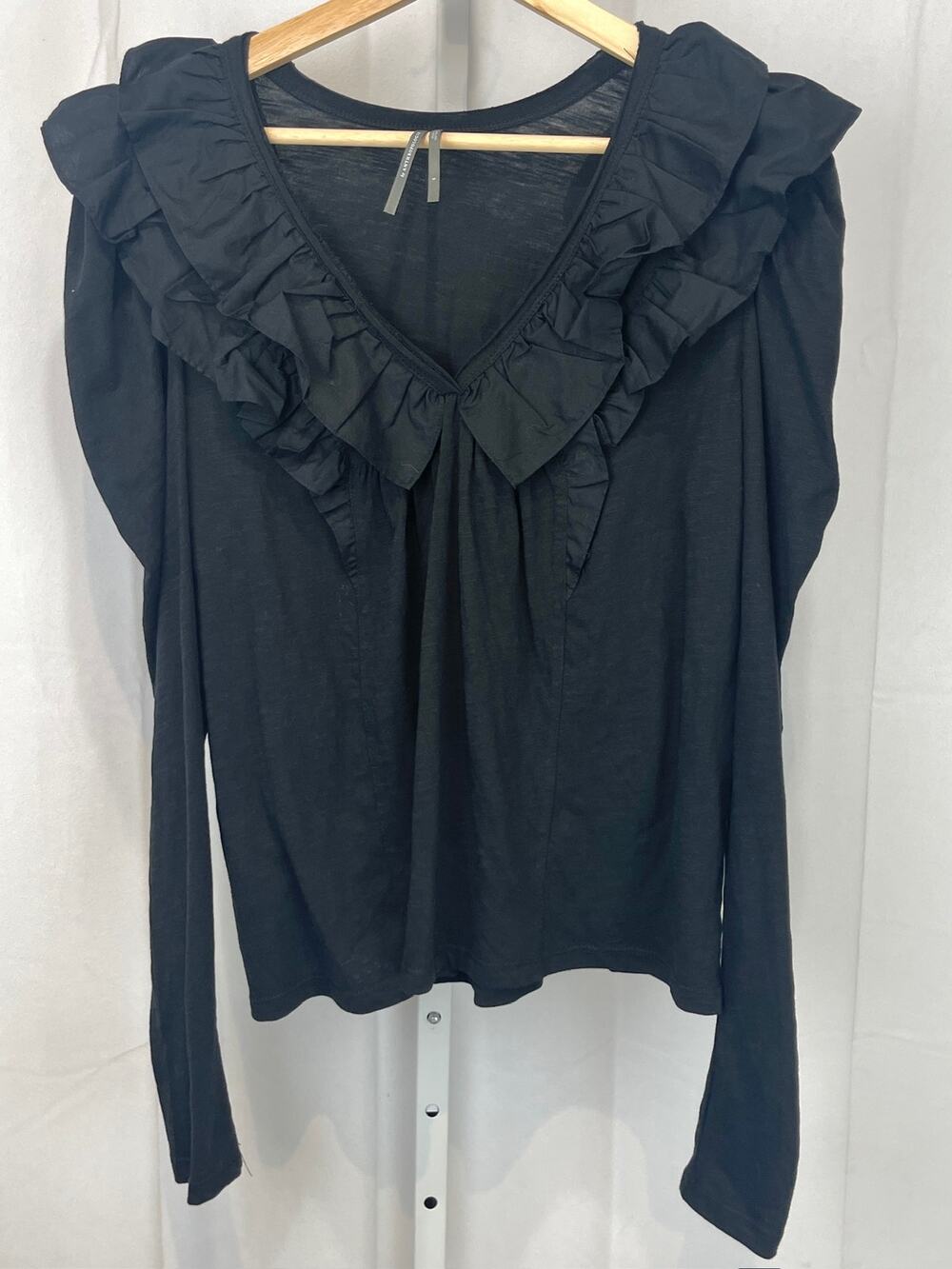 by ANTHROPOLOGIE Ruffle Trimmed Puff Long Sleeve Top V Neck Cotton Black Size S
